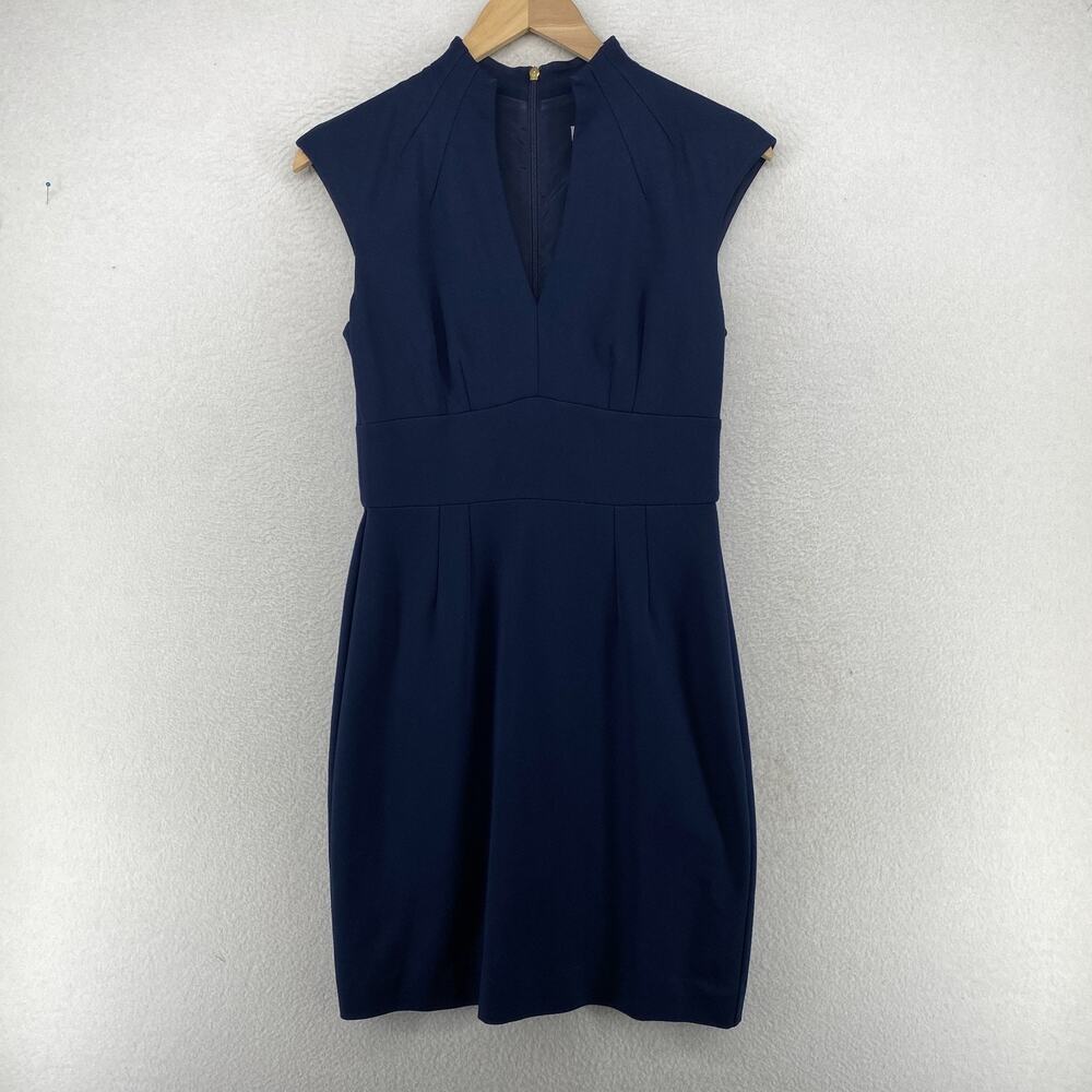 TRINA TURK Dress 4 Sheath Ponte Cap Sleeve Pleated Back Zip Career Stretch Blue